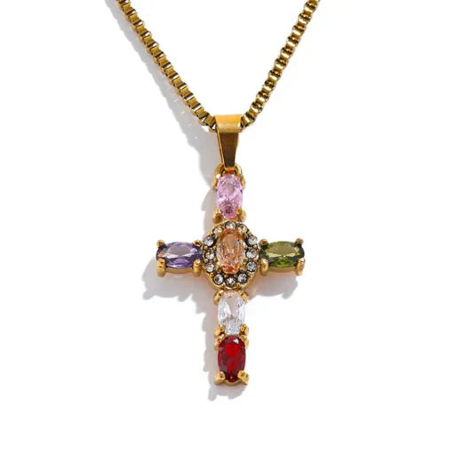 Collar con Colgante de Cruz Engastado con Cristales de Circonita