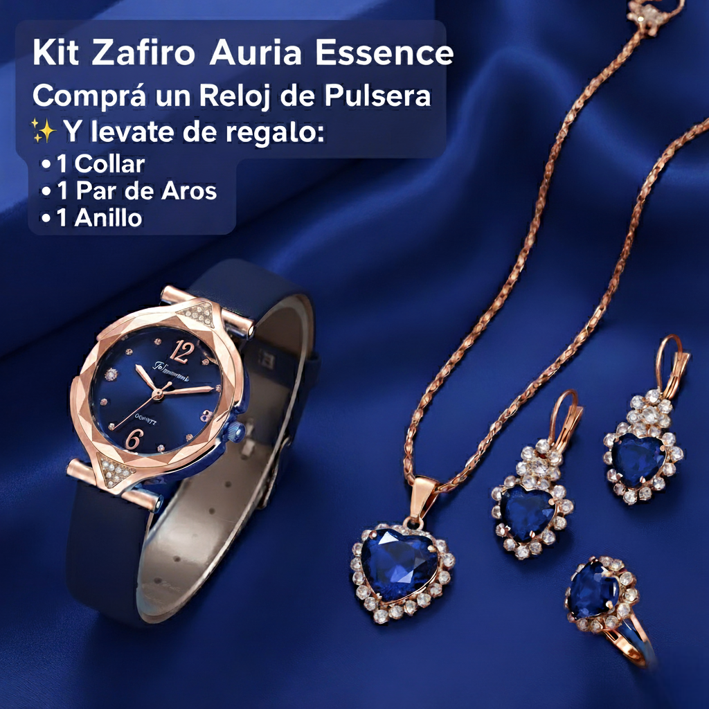 Kit – Reloj de Pulsera + Collar, Par de Aros y Anillo de Regalo
