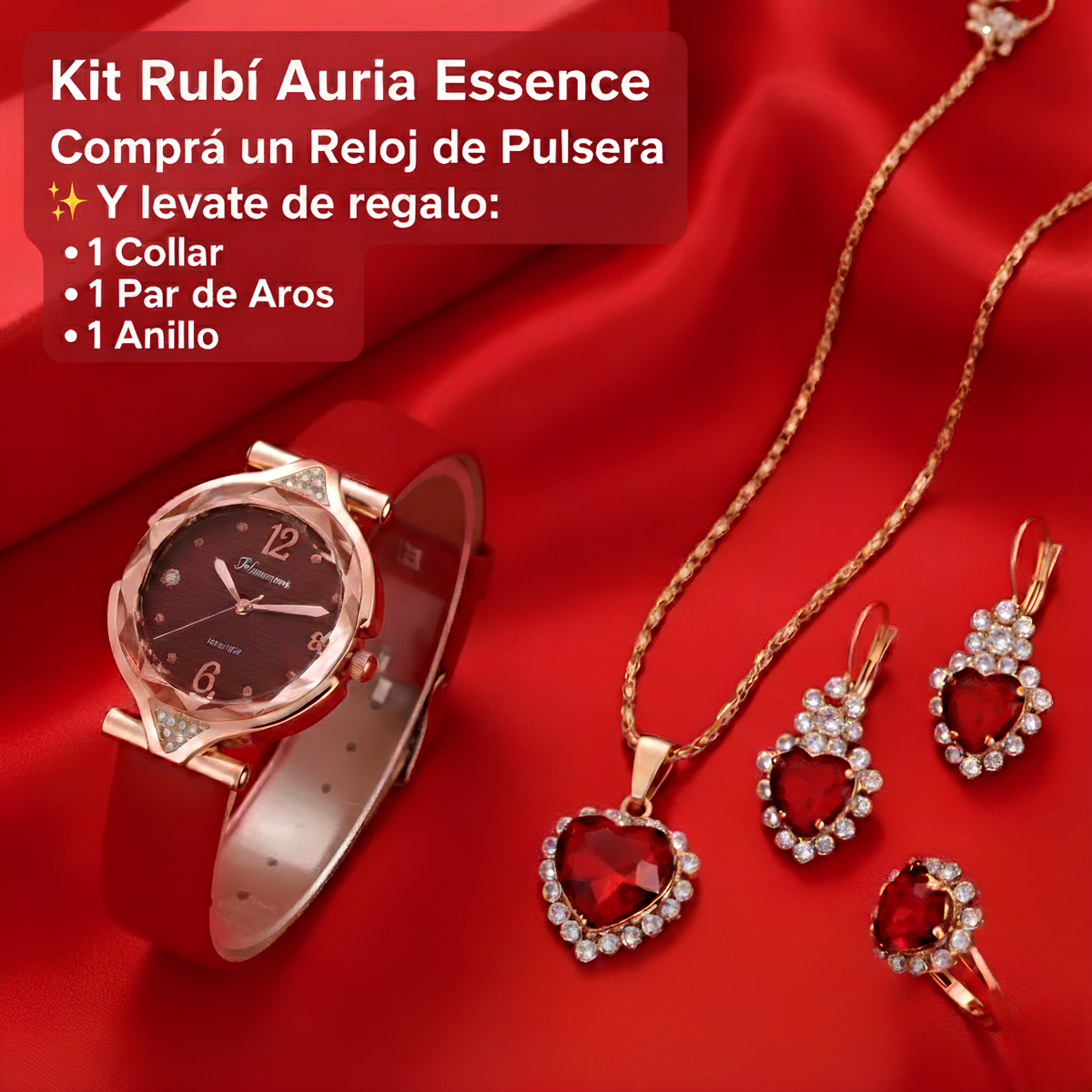 Kit – Reloj de Pulsera + Collar, Par de Aros y Anillo de Regalo