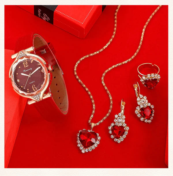 Kit – Reloj de Pulsera + Collar, Par de Aros y Anillo de Regalo