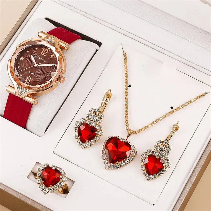 Kit – Reloj de Pulsera + Collar, Par de Aros y Anillo de Regalo