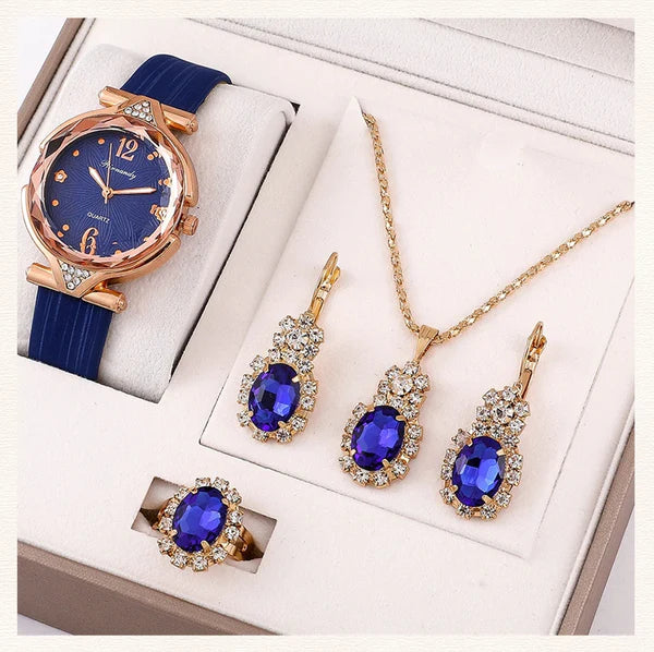 Kit – Reloj de Pulsera + Collar, Par de Aros y Anillo de Regalo