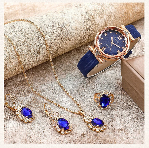 Kit – Reloj de Pulsera + Collar, Par de Aros y Anillo de Regalo